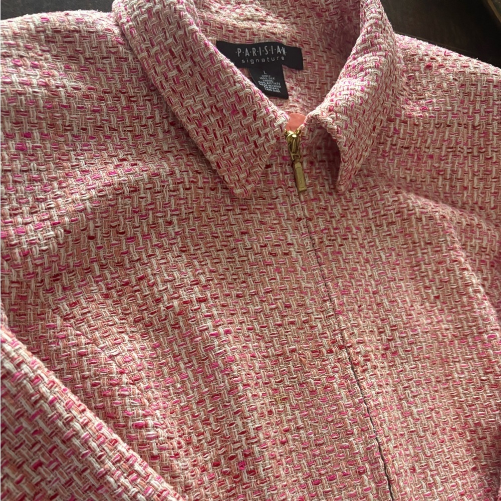 PARISIAN SILK SIGNATURE CLASSIC PINK MULTI TWEED ZIP FRONT BLAZER JACKET SIZE L - Picture 8 of 10